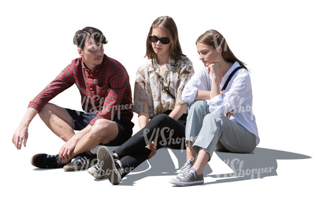 three cut out young people sitting on the sidewalk and talking