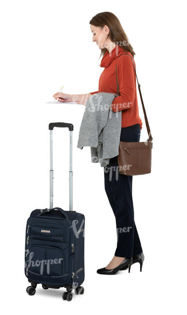 cut out woman with a suitcase checking into a hotel