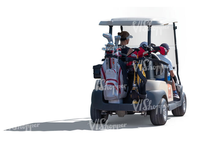 cut out woman with two kids riding a golf cart