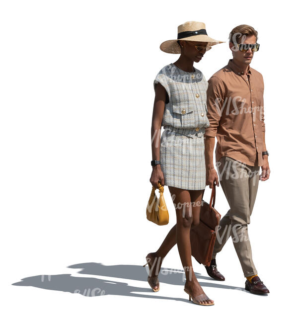 cut out elegant man and woman walking on a summer day