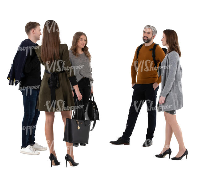 cut out group of five people standing and talking