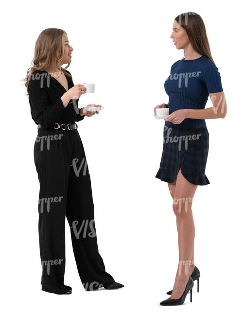 two cut out women standing and drinking coffee and talking