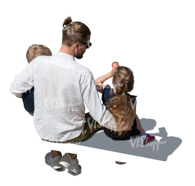 cut out top view of a father with two kids sitting