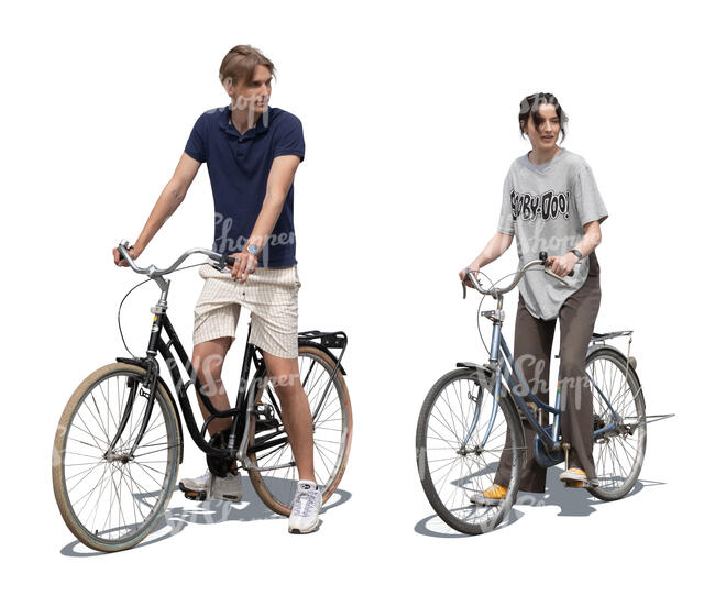 cut out man and woman riding bikes stopping to look at smth