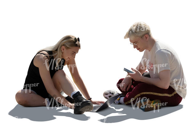 cut out man and woman sitting on the ground and looking at laptop