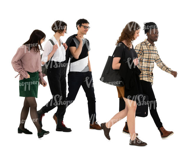 cut out group of five people walking