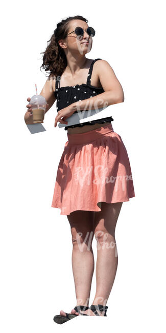 cut out woman standing on a balcony and drinking coffee