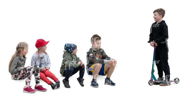cut out group of children sitting and talking to a boy with a scooter