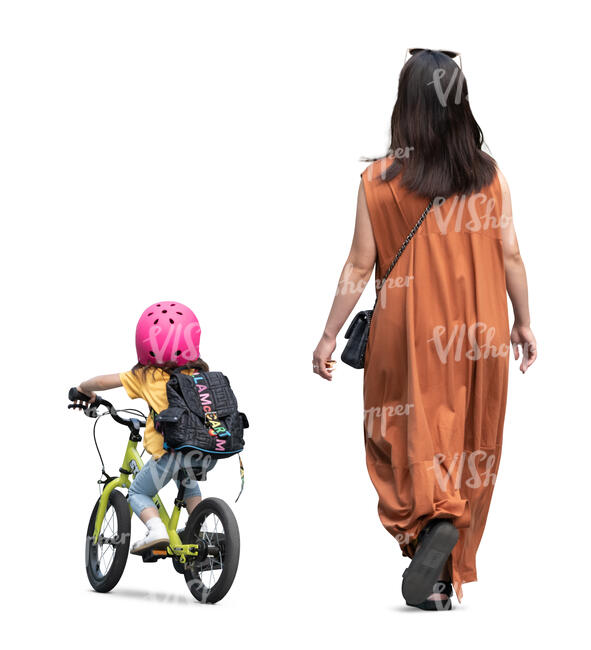 cut out woman walking and her daughter riding a bike beside her