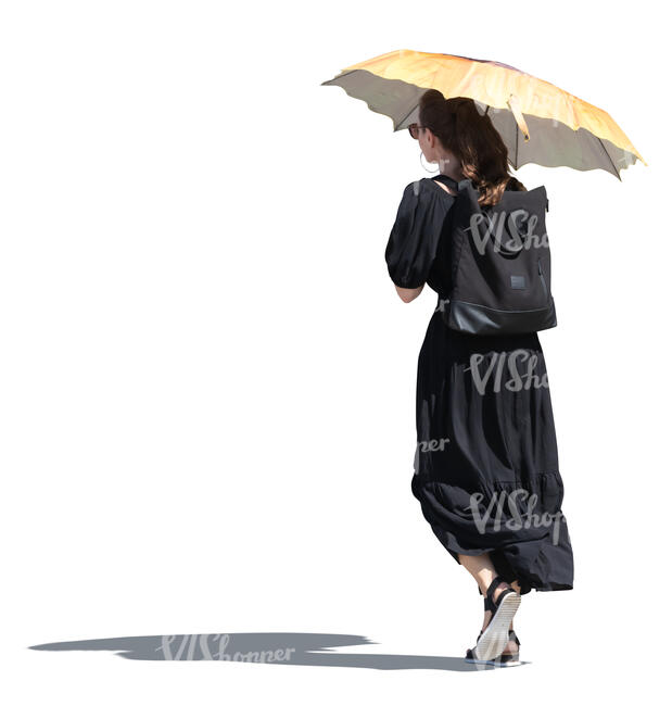 cut out woman in a black summer dress and holding a parasol walking