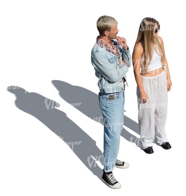 two cut out people standing and looking in one direction seen from above