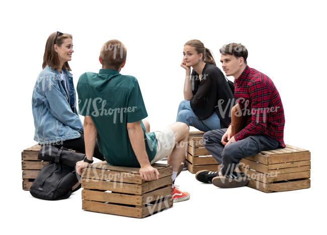 four cut out young people sitting on wooden crates and talking 