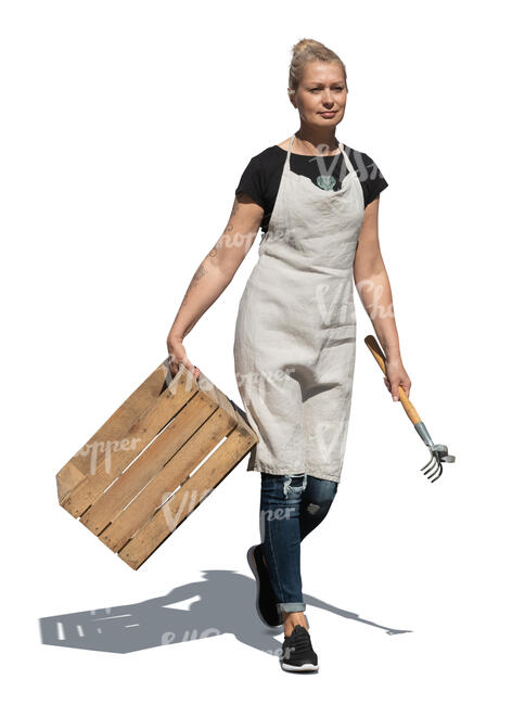 cut out woman carrying a wooden crate