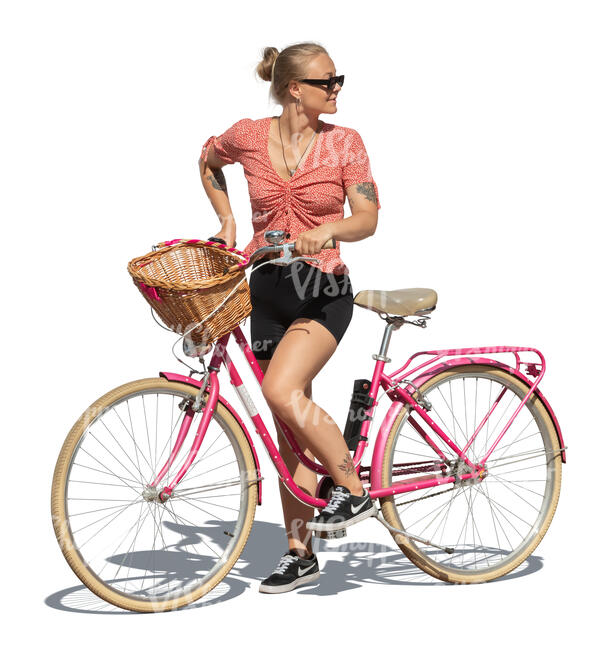 cut out young woman with a pink bike