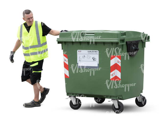 cut out man pulling a dumpster bin