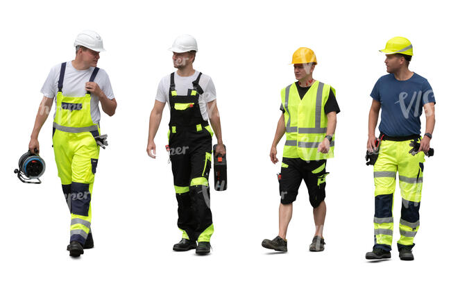 cut out group of construction workers walking