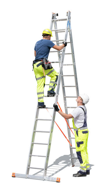 two cut out workers climbing a ladder