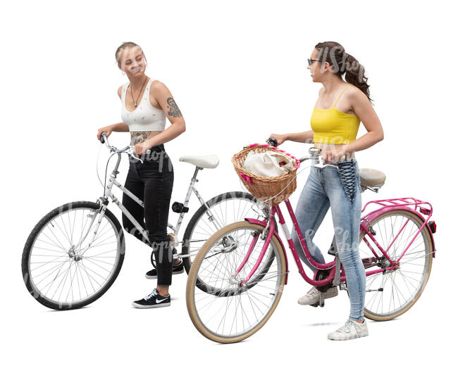 two cut out young women with bikes standing and talking