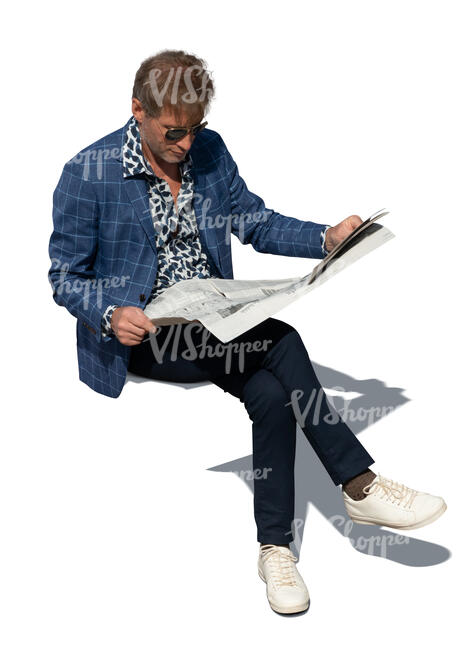 cut out top view of a middle aged man sitting and readning a newspaper