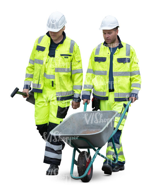 two cut out workers with a wheelbarrow walking