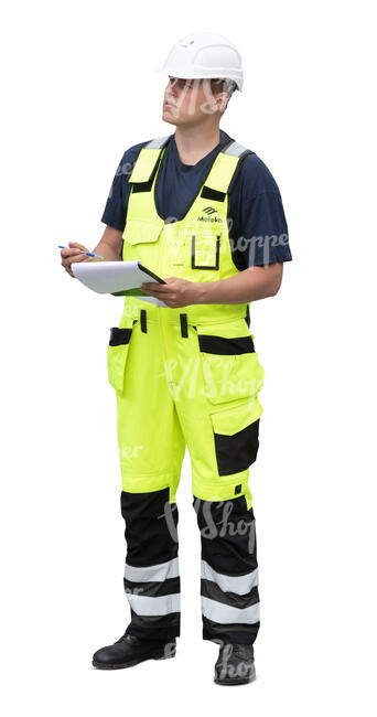 cut out workman standing and checking plans