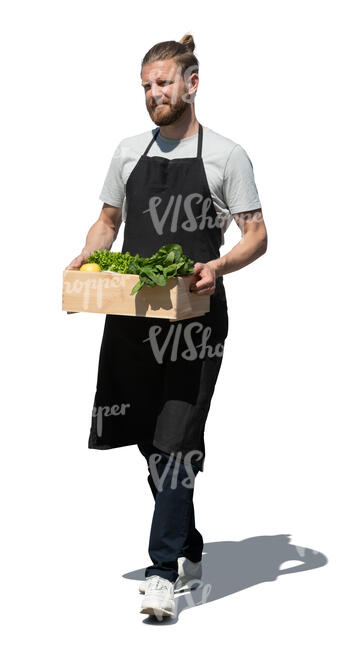 cut out market worker carrying a box full of vegetables