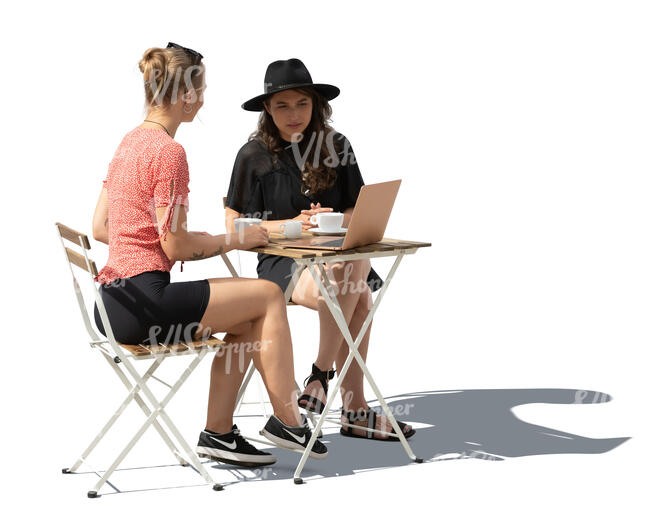 two cut out women sitting in cafe with laptop and talking