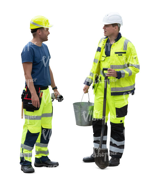 two cut out construction workers standing and talking