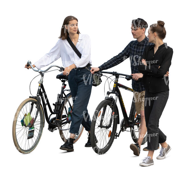 cut out group of three young people with bikes