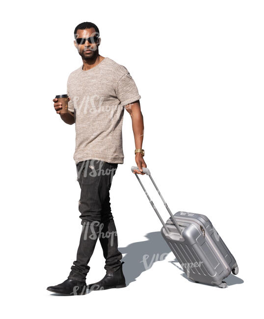 cut out man with a suitcase walking and drinking coffee