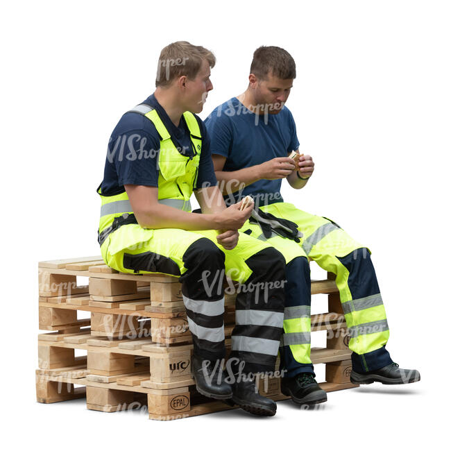two cut out workmen eating lunch