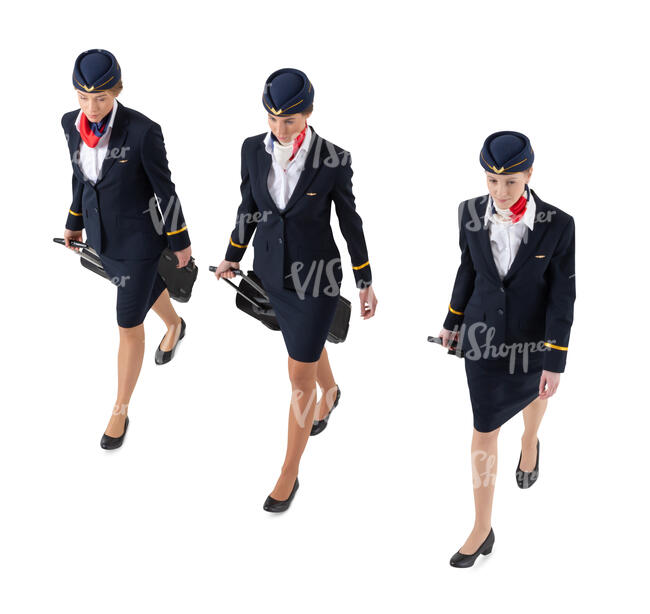 three cut out fligt attendants walking seen from above