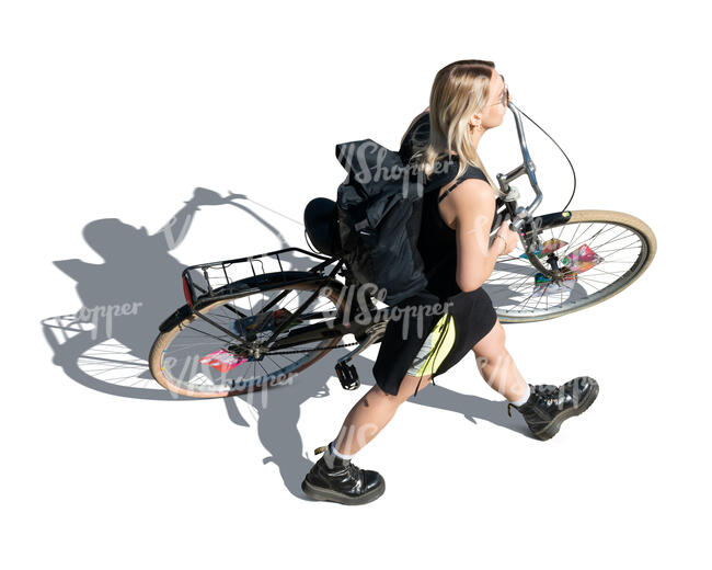 cut out top view of a woman with a bike walking