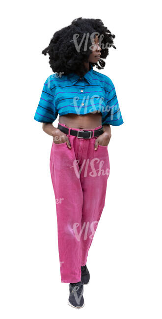 cut out woman in pink pants standing