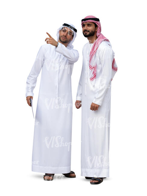 two cut out arab men standing and pointing at smth