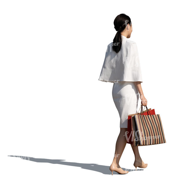 cut out asian woman in a white costume and wth shopping bags walking