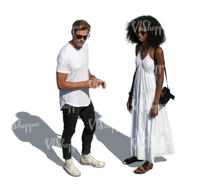 cut out top view of man and woman in white summer clothes standing