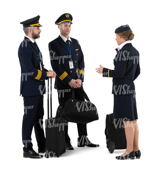 two cut out pilots and a female flight attendant with travelling bags standing and talking