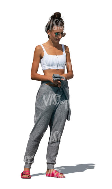cut out woman in grey sweat pants standing