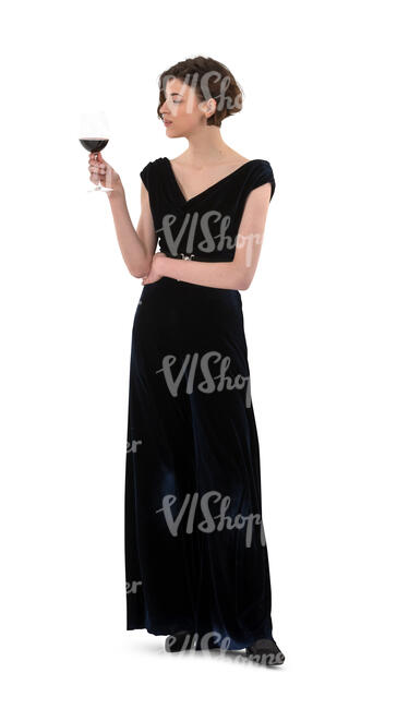 cut out woman in a black dress standing and drinking wine