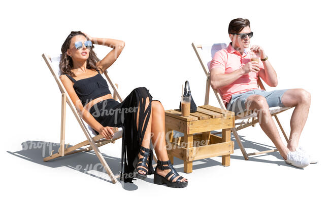 cut out man and woman relaxing on beach chairs and drinking cold drinks