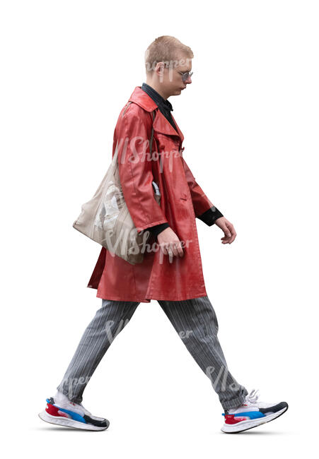 cut out young man in a red leather coat walking