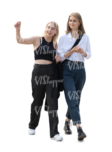 two cut out young women walking and talking