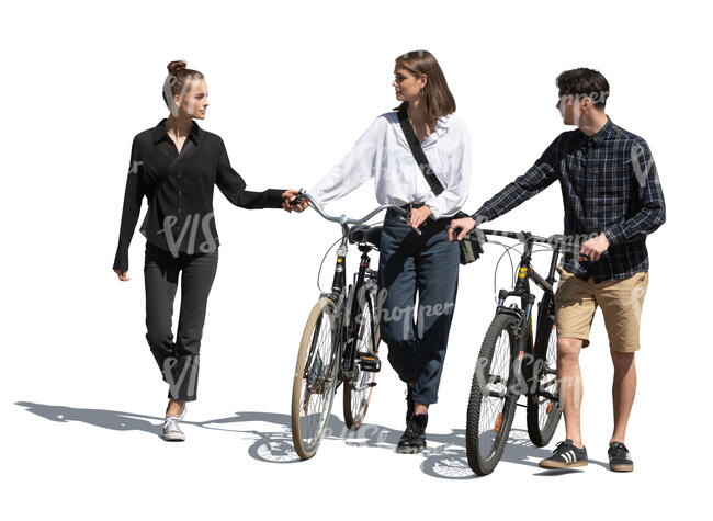 cut out group of friends with bikes walking and talking