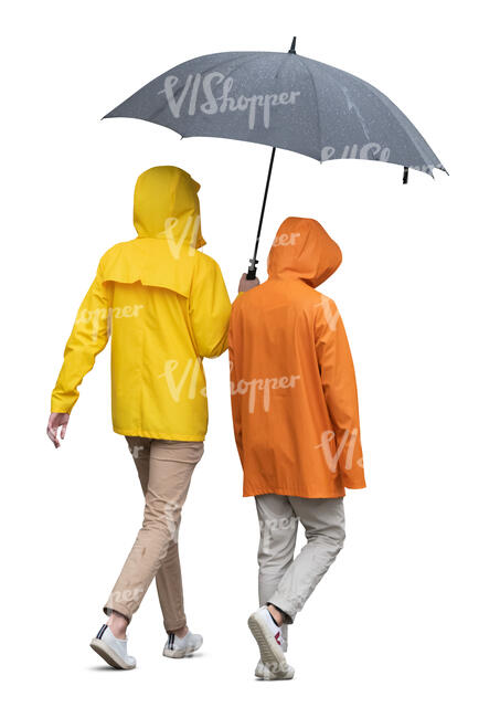 two cut out people in raincoats walking under an umbrella