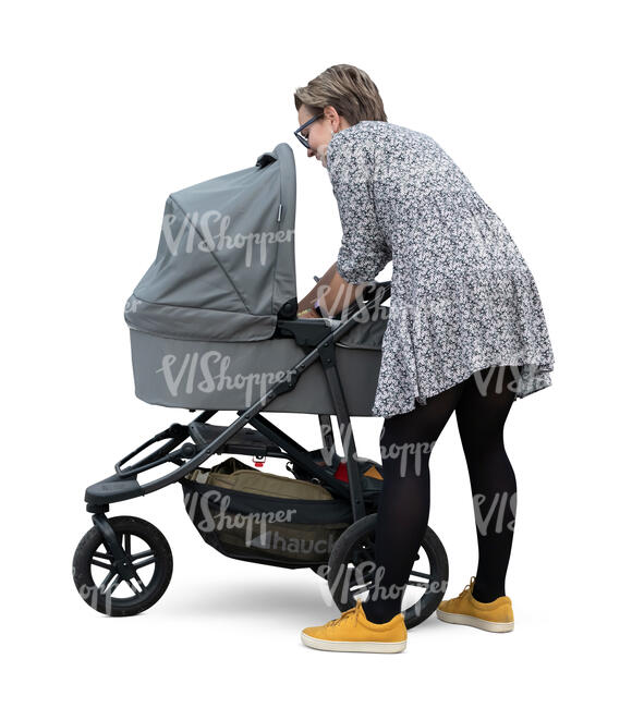 cut out woman picking up a baby from a carriage