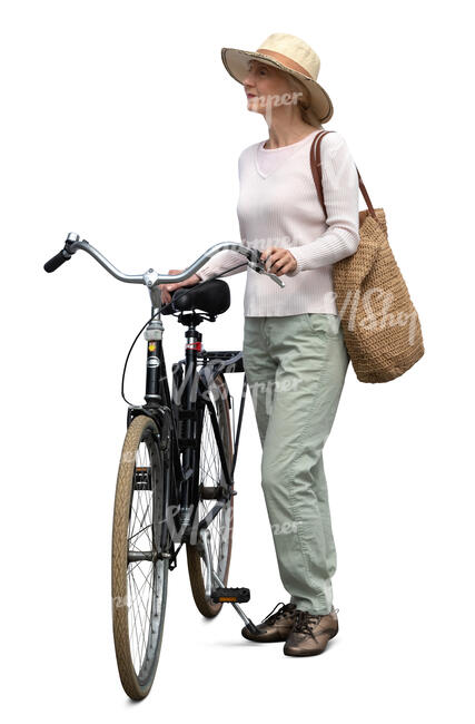 cut out elderly lady with a bicycle standing