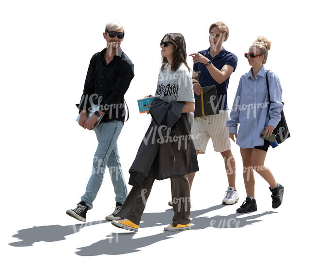 cut out backlit group of four people walking and talking