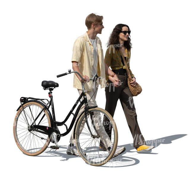 cut out couple with a bike walking hand in hand