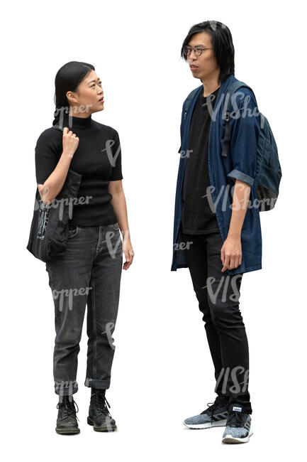 cut out asian woman and man standing and talking